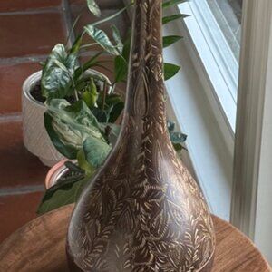 Vintage Etched Brass Vase, Made in India, 15" H